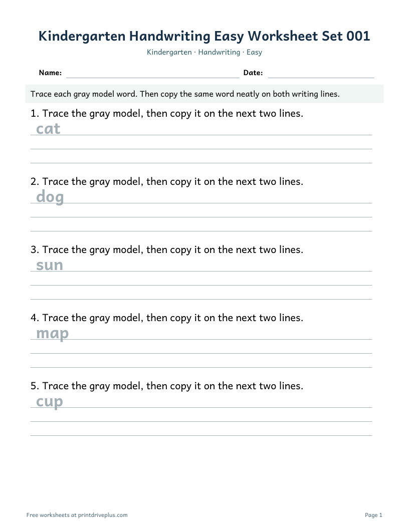 Preview of Kindergarten Handwriting Easy Worksheet Set 001