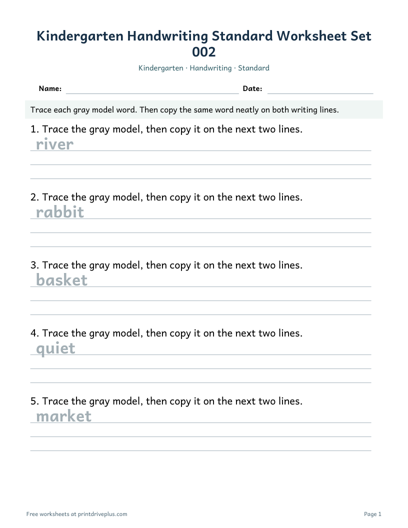 Preview of Kindergarten Handwriting Standard Worksheet Set 002