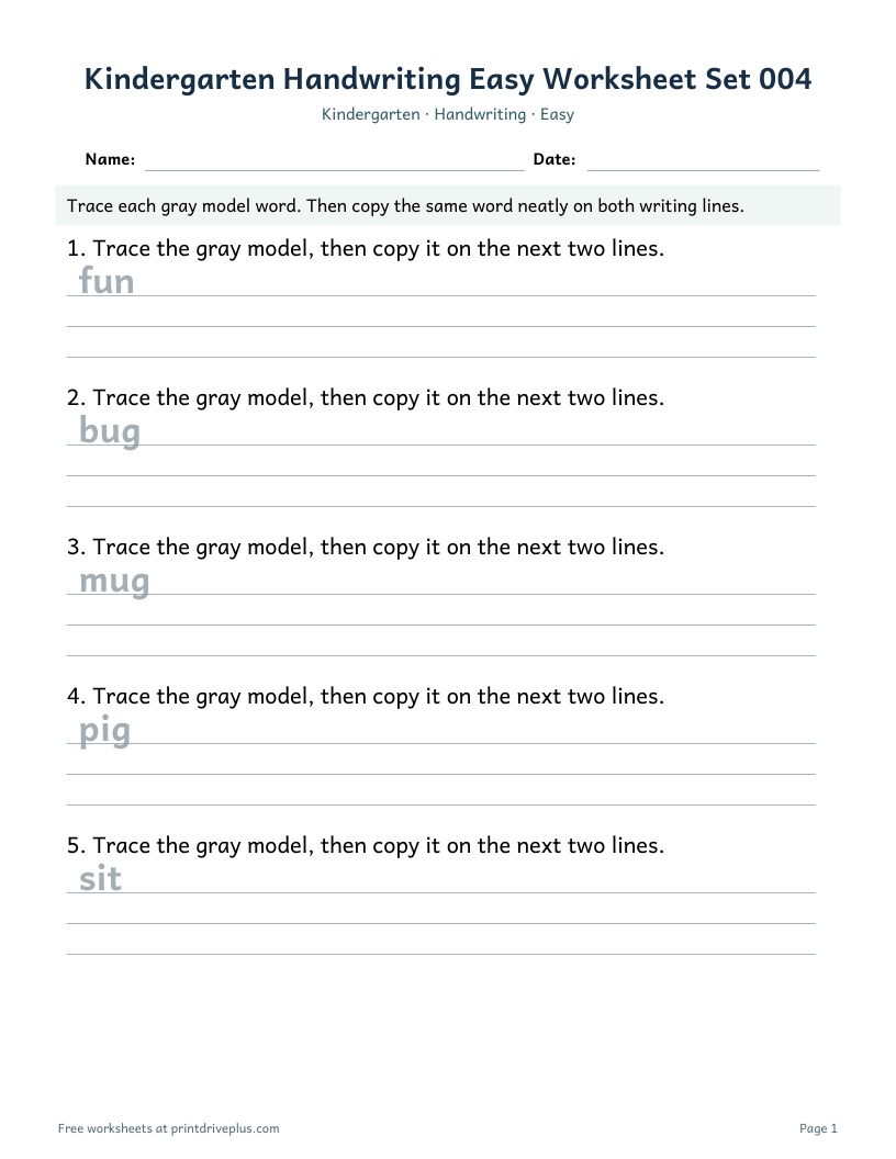 Preview of Kindergarten Handwriting Easy Worksheet Set 004