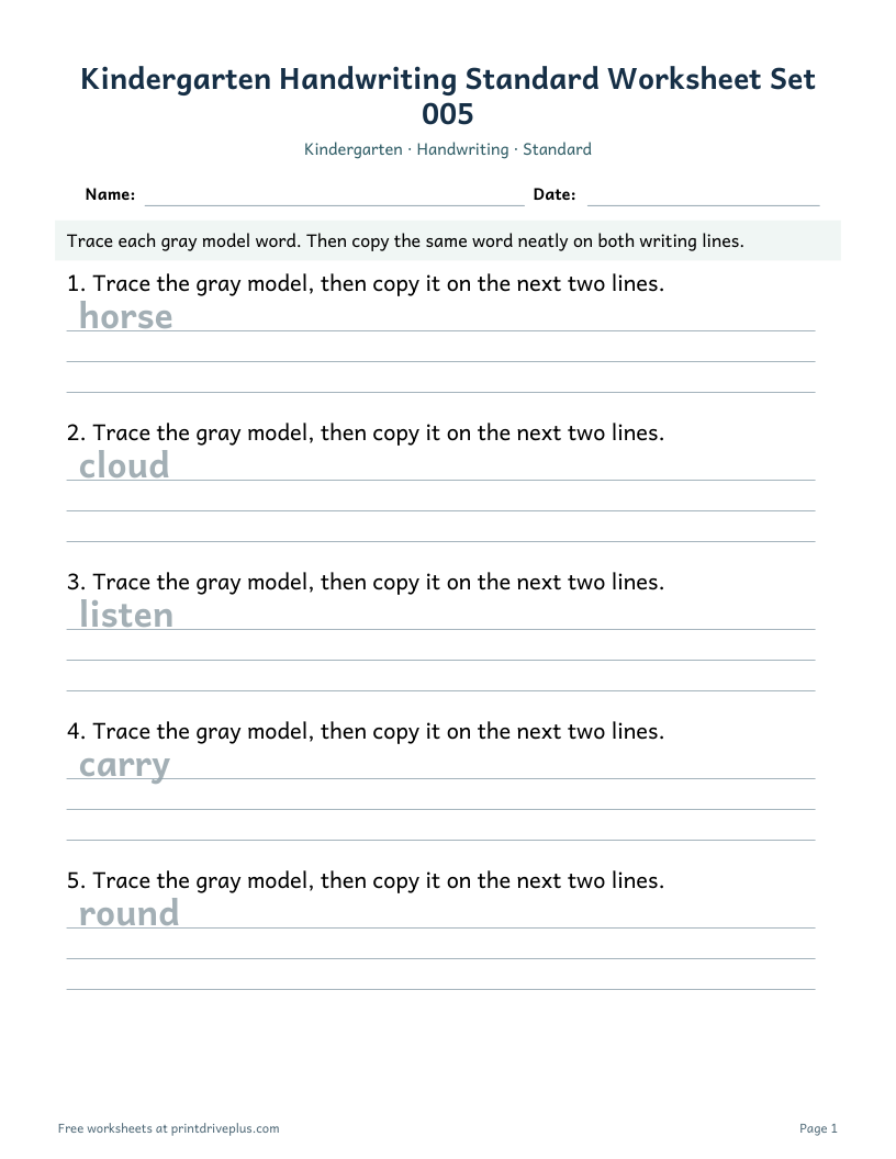 Preview of Kindergarten Handwriting Standard Worksheet Set 005