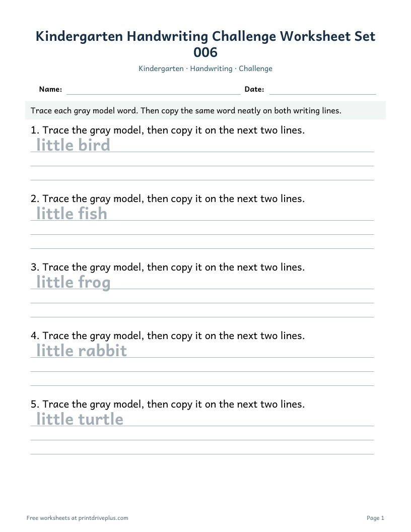 Preview of Kindergarten Handwriting Challenge Worksheet Set 006