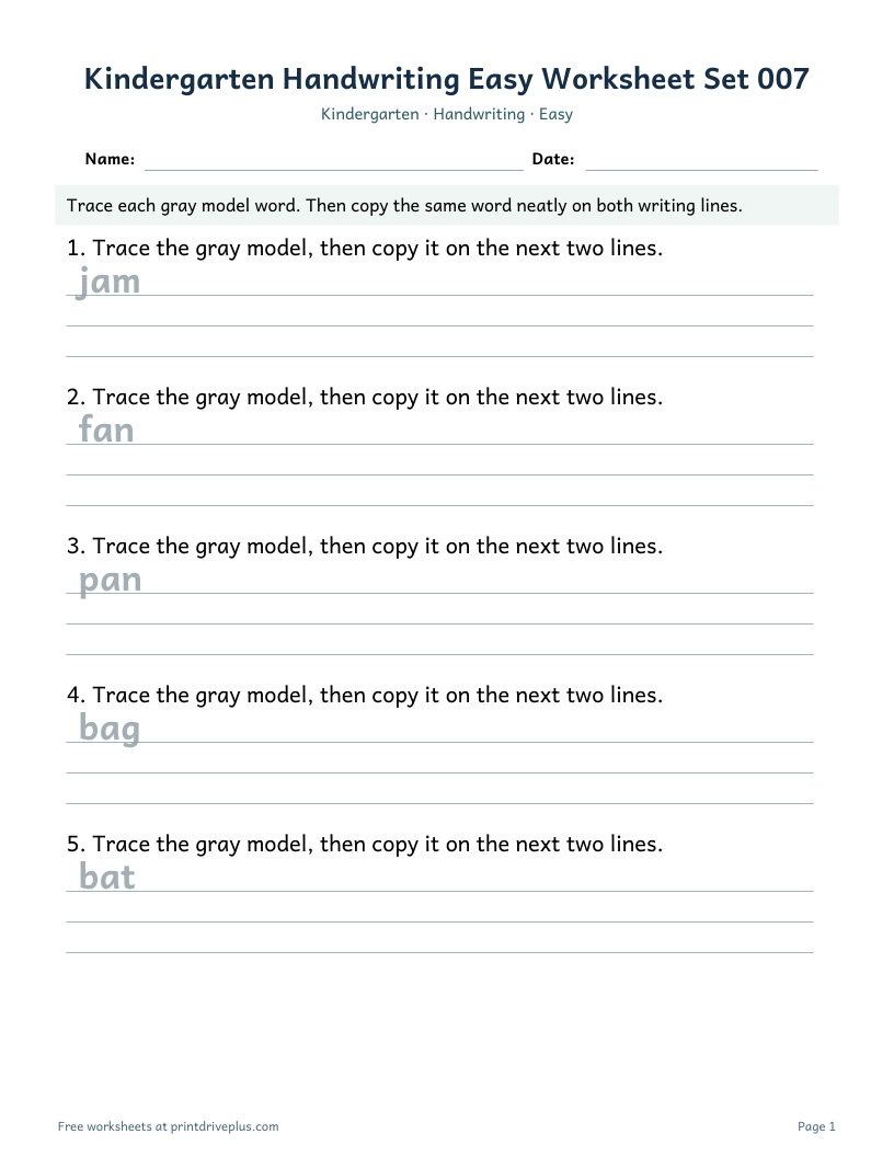 Preview of Kindergarten Handwriting Easy Worksheet Set 007