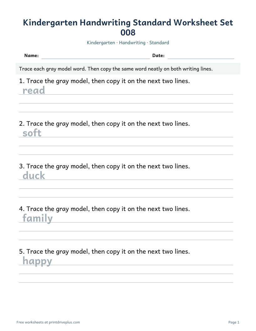 Preview of Kindergarten Handwriting Standard Worksheet Set 008