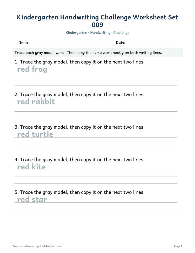 Preview of Kindergarten Handwriting Challenge Worksheet Set 009