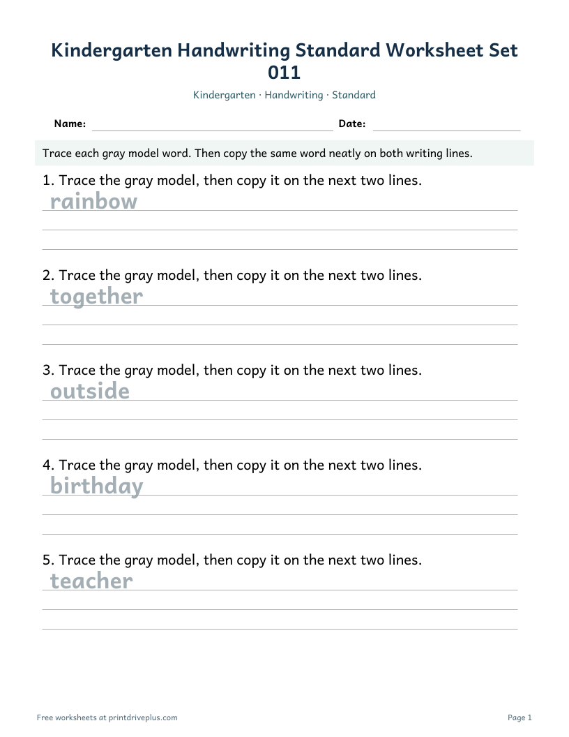 Preview of Kindergarten Handwriting Standard Worksheet Set 011