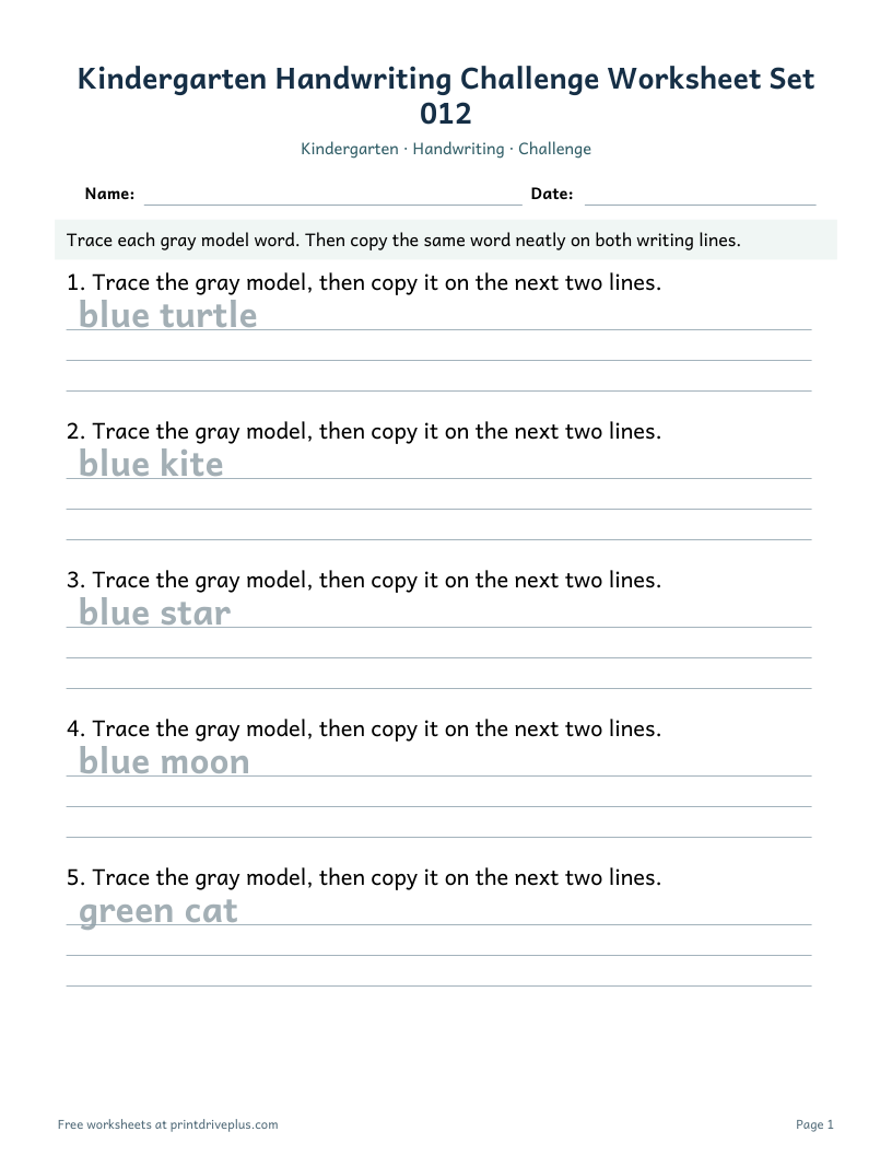 Preview of Kindergarten Handwriting Challenge Worksheet Set 012