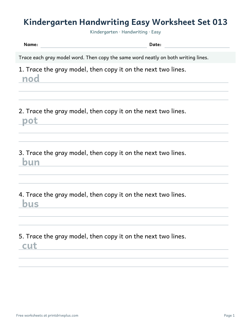 Preview of Kindergarten Handwriting Easy Worksheet Set 013
