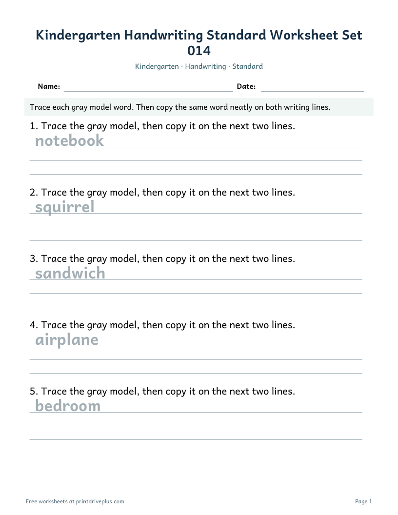 Preview of Kindergarten Handwriting Standard Worksheet Set 014