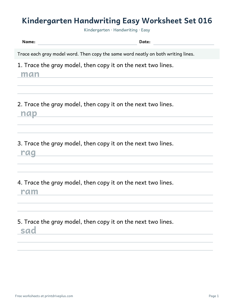 Preview of Kindergarten Handwriting Easy Worksheet Set 016
