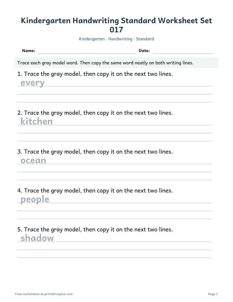 Preview of Kindergarten Handwriting Standard Worksheet Set 017
