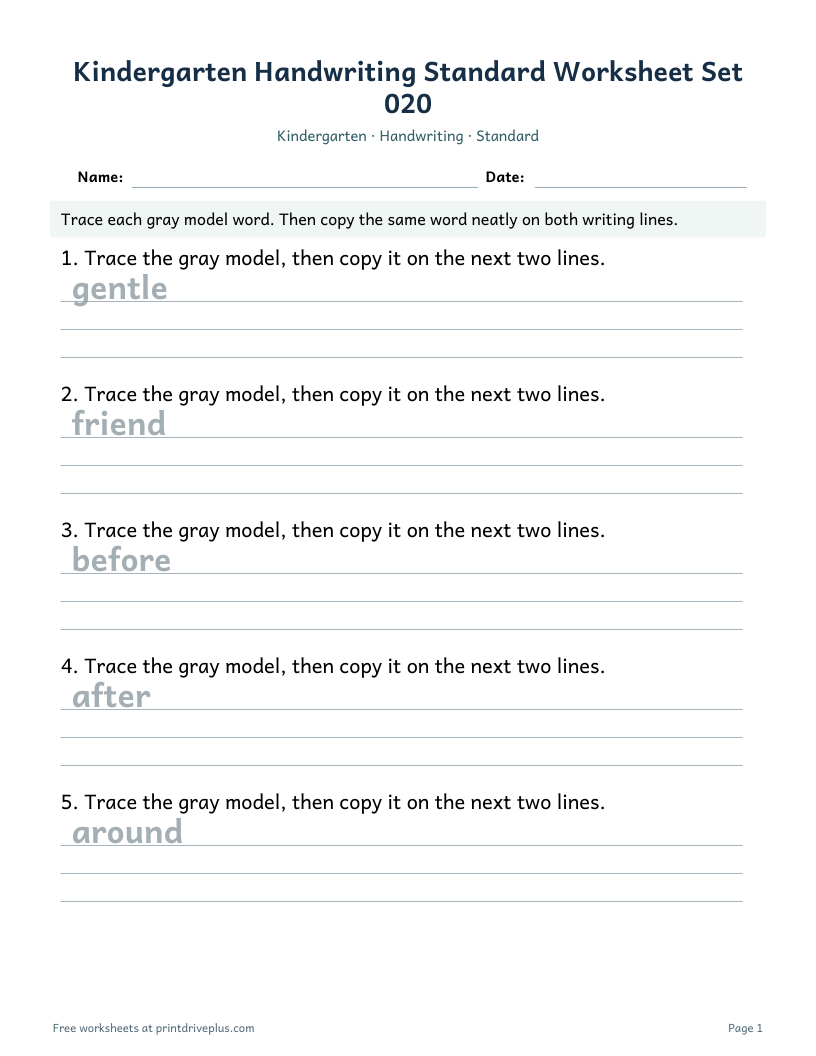 Preview of Kindergarten Handwriting Standard Worksheet Set 020