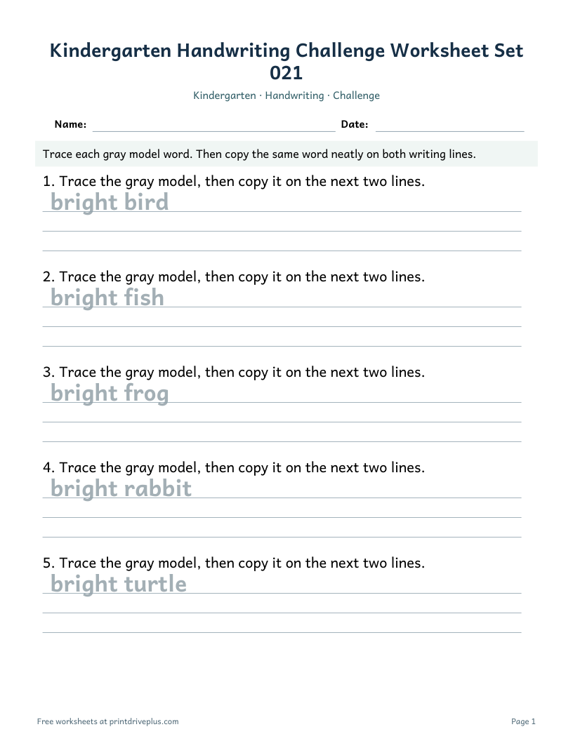 Preview of Kindergarten Handwriting Challenge Worksheet Set 021
