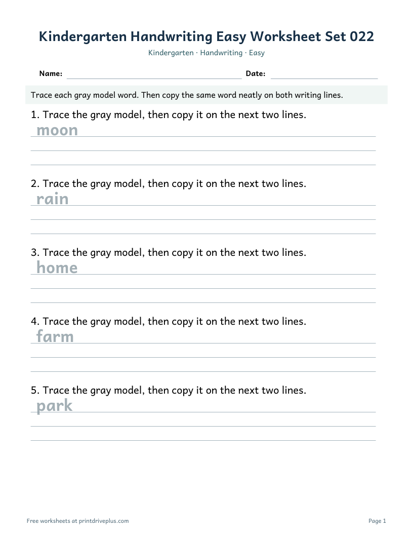 Preview of Kindergarten Handwriting Easy Worksheet Set 022