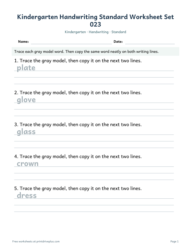 Preview of Kindergarten Handwriting Standard Worksheet Set 023
