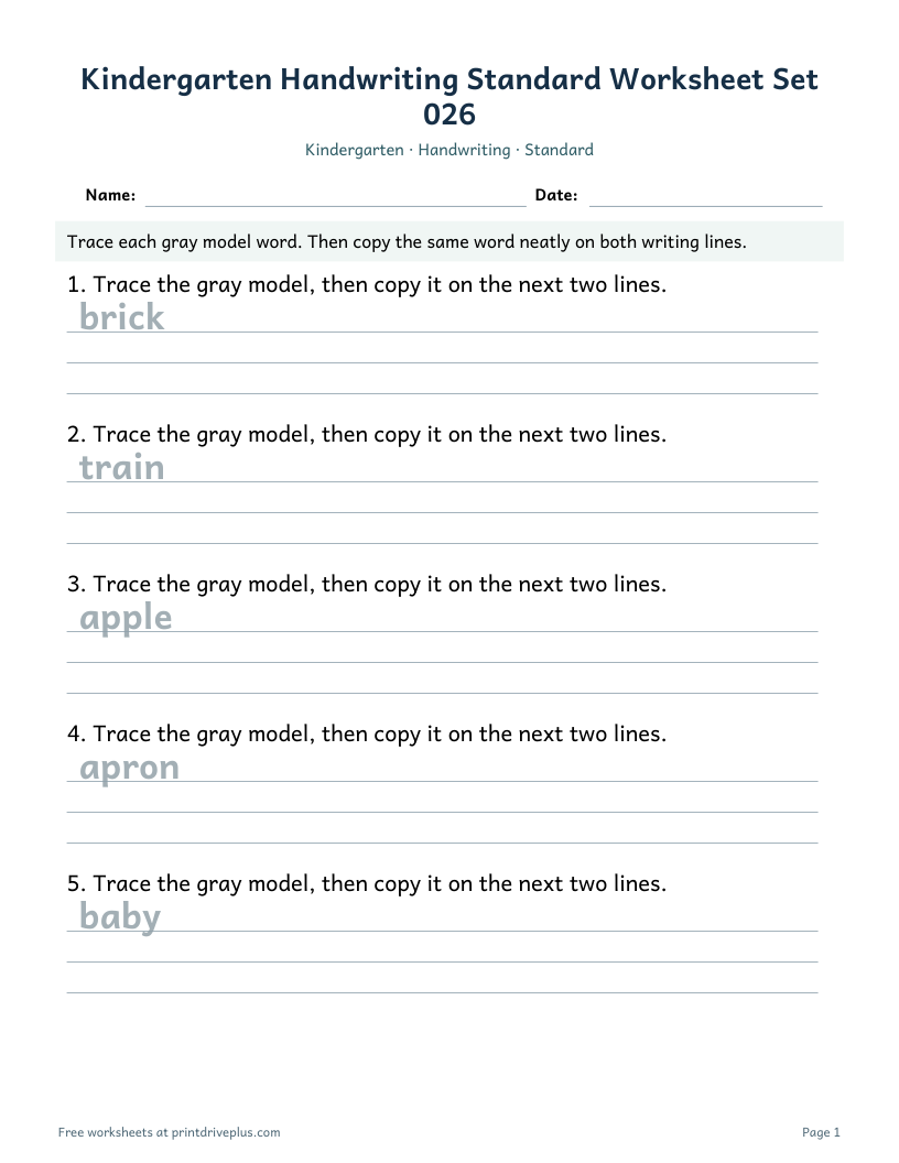 Preview of Kindergarten Handwriting Standard Worksheet Set 026