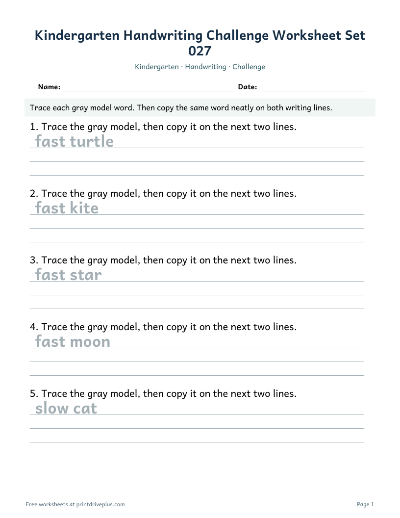 Preview of Kindergarten Handwriting Challenge Worksheet Set 027