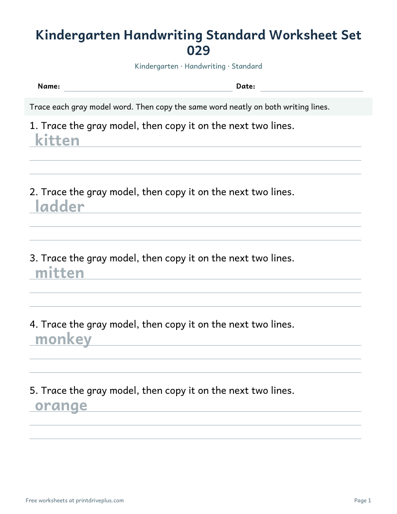 Preview of Kindergarten Handwriting Standard Worksheet Set 029