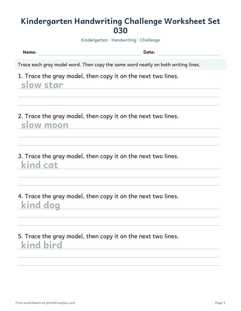 Preview of Kindergarten Handwriting Challenge Worksheet Set 030