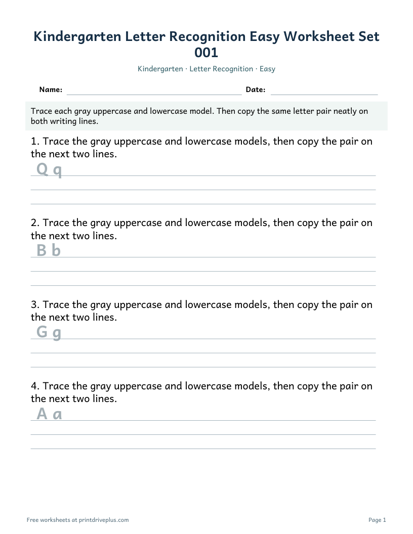 Preview of Kindergarten Letter Recognition Easy Worksheet Set 001