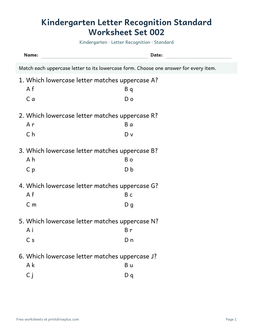 Preview of Kindergarten Letter Recognition Standard Worksheet Set 002