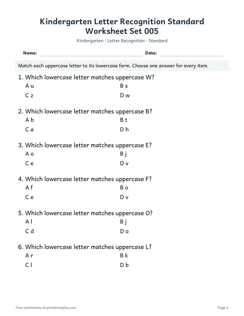 Preview of Kindergarten Letter Recognition Standard Worksheet Set 005