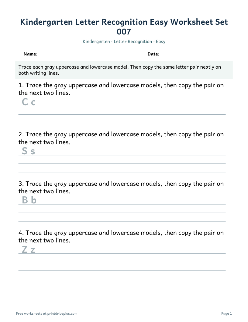 Preview of Kindergarten Letter Recognition Easy Worksheet Set 007