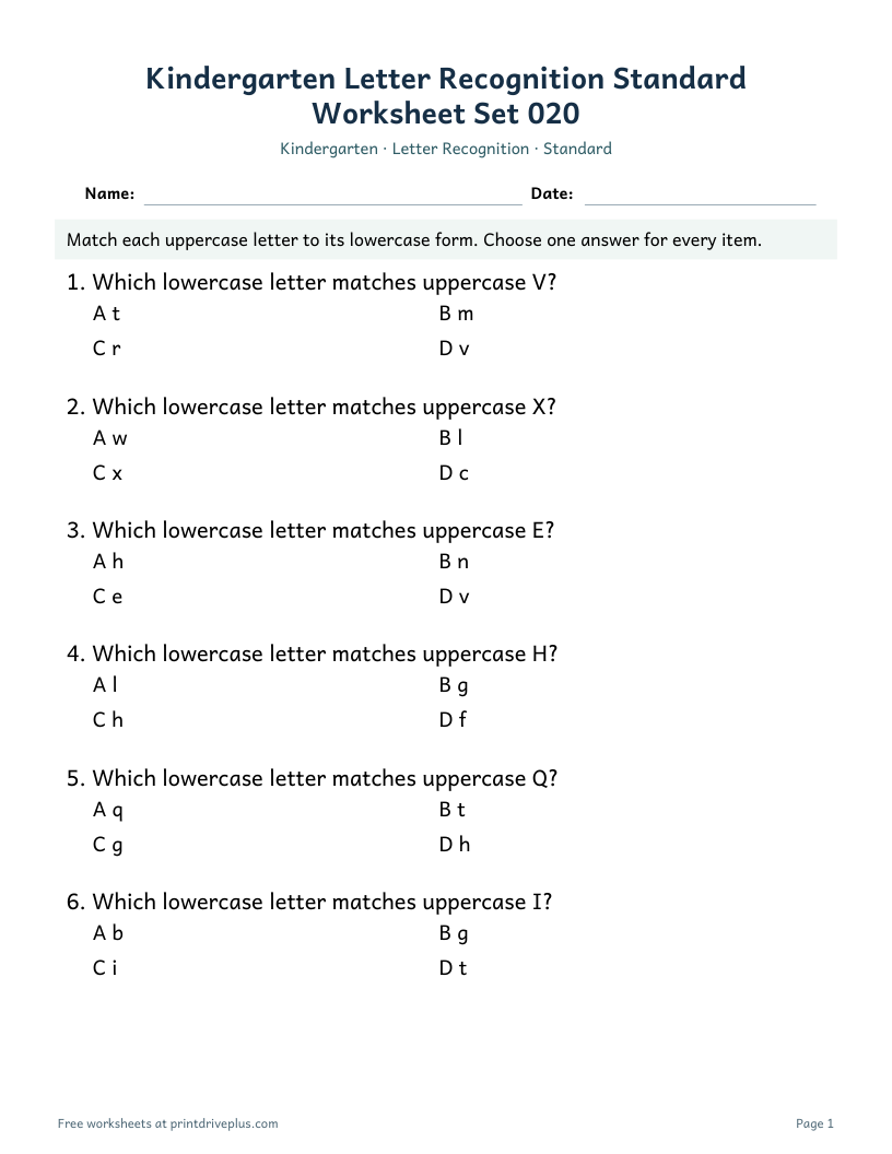 Preview of Kindergarten Letter Recognition Standard Worksheet Set 020