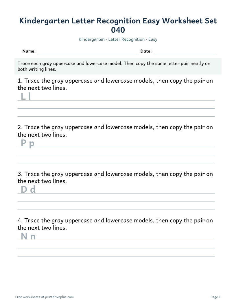 Preview of Kindergarten Letter Recognition Easy Worksheet Set 040