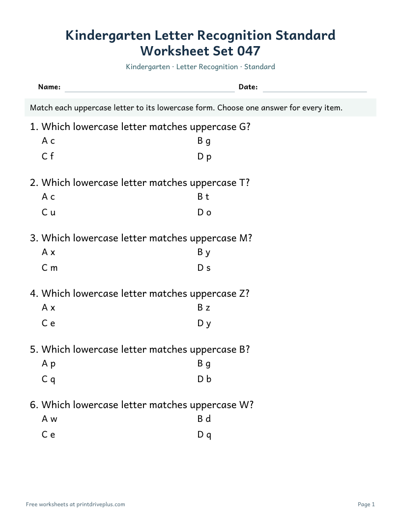 Preview of Kindergarten Letter Recognition Standard Worksheet Set 047