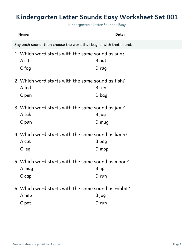 Preview of Kindergarten Letter Sounds Easy Worksheet Set 001