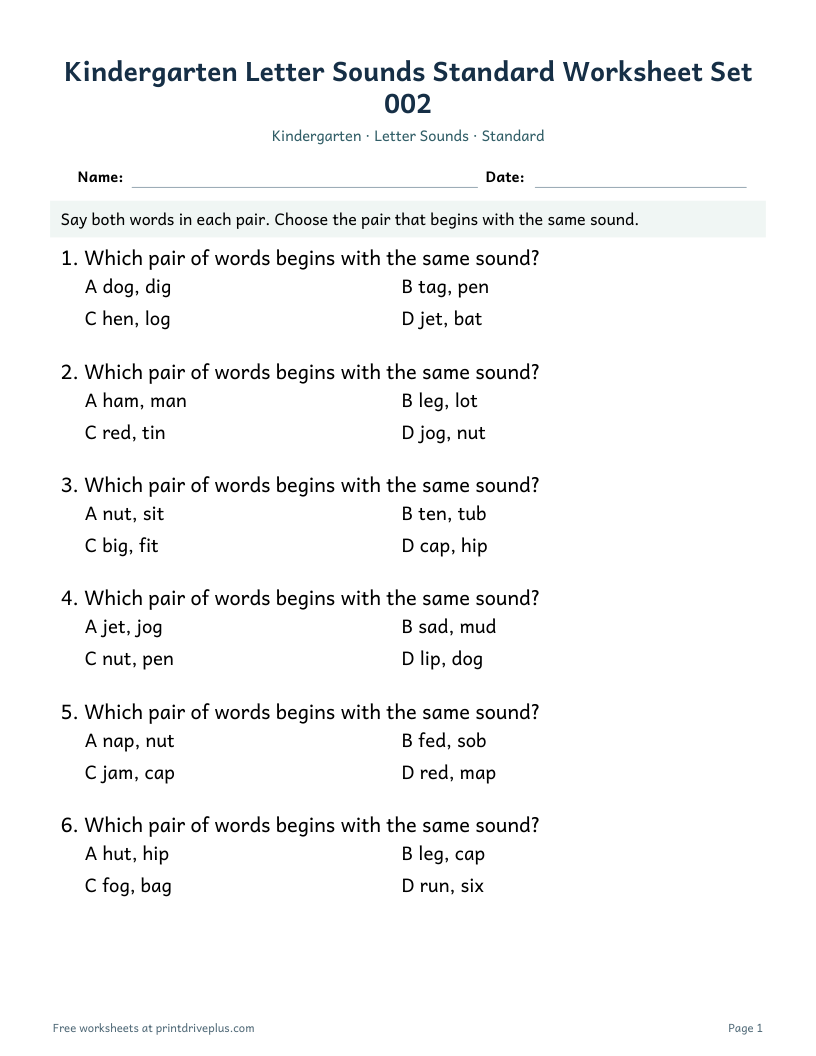 Preview of Kindergarten Letter Sounds Standard Worksheet Set 002
