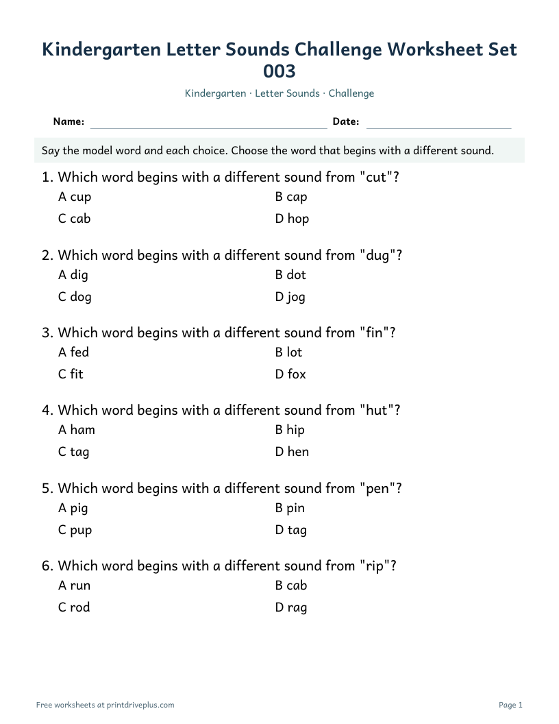 Preview of Kindergarten Letter Sounds Challenge Worksheet Set 003