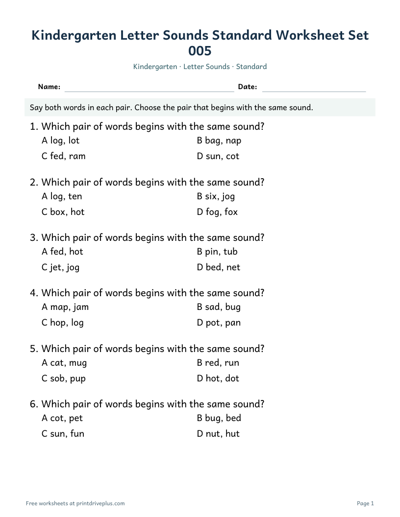 Preview of Kindergarten Letter Sounds Standard Worksheet Set 005