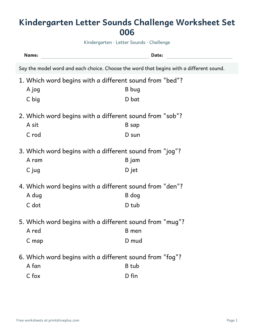 Preview of Kindergarten Letter Sounds Challenge Worksheet Set 006