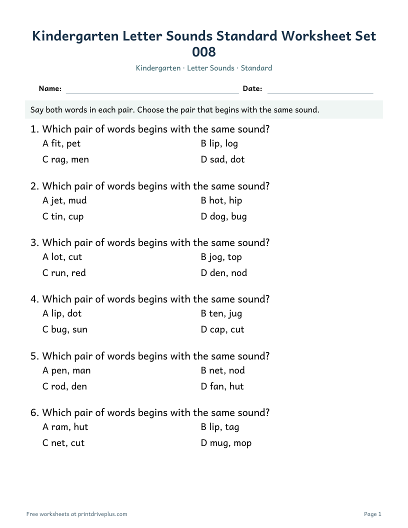 Preview of Kindergarten Letter Sounds Standard Worksheet Set 008