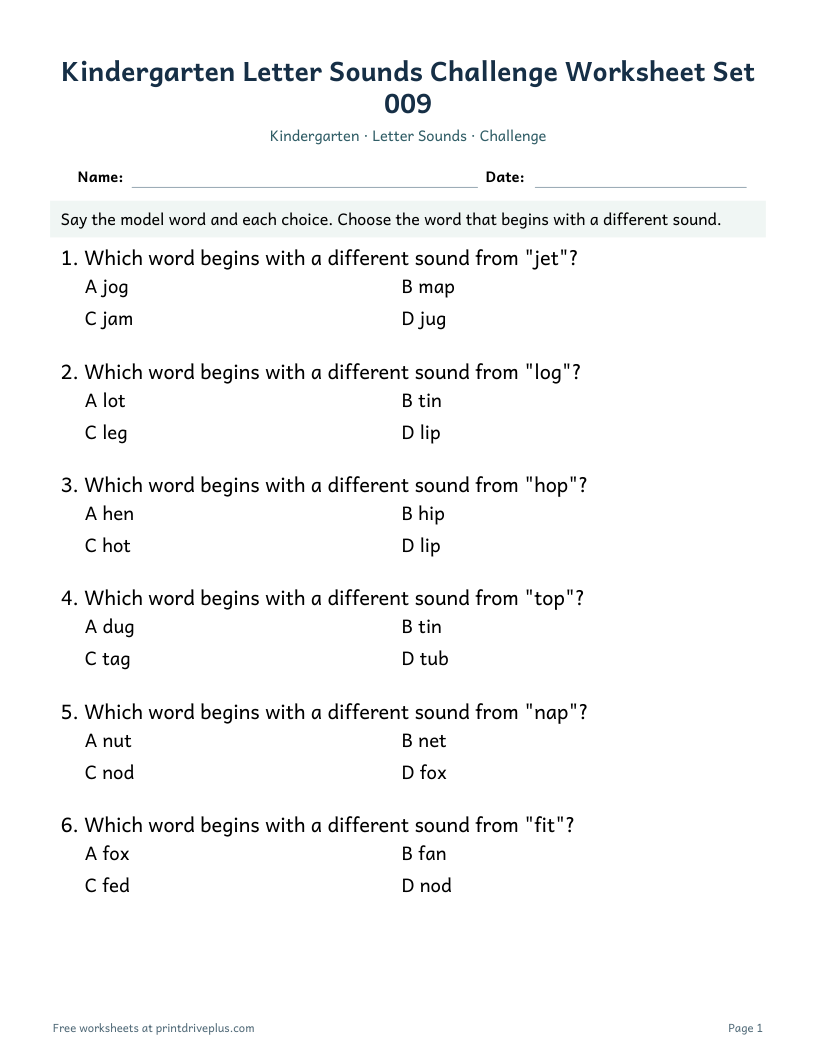 Preview of Kindergarten Letter Sounds Challenge Worksheet Set 009