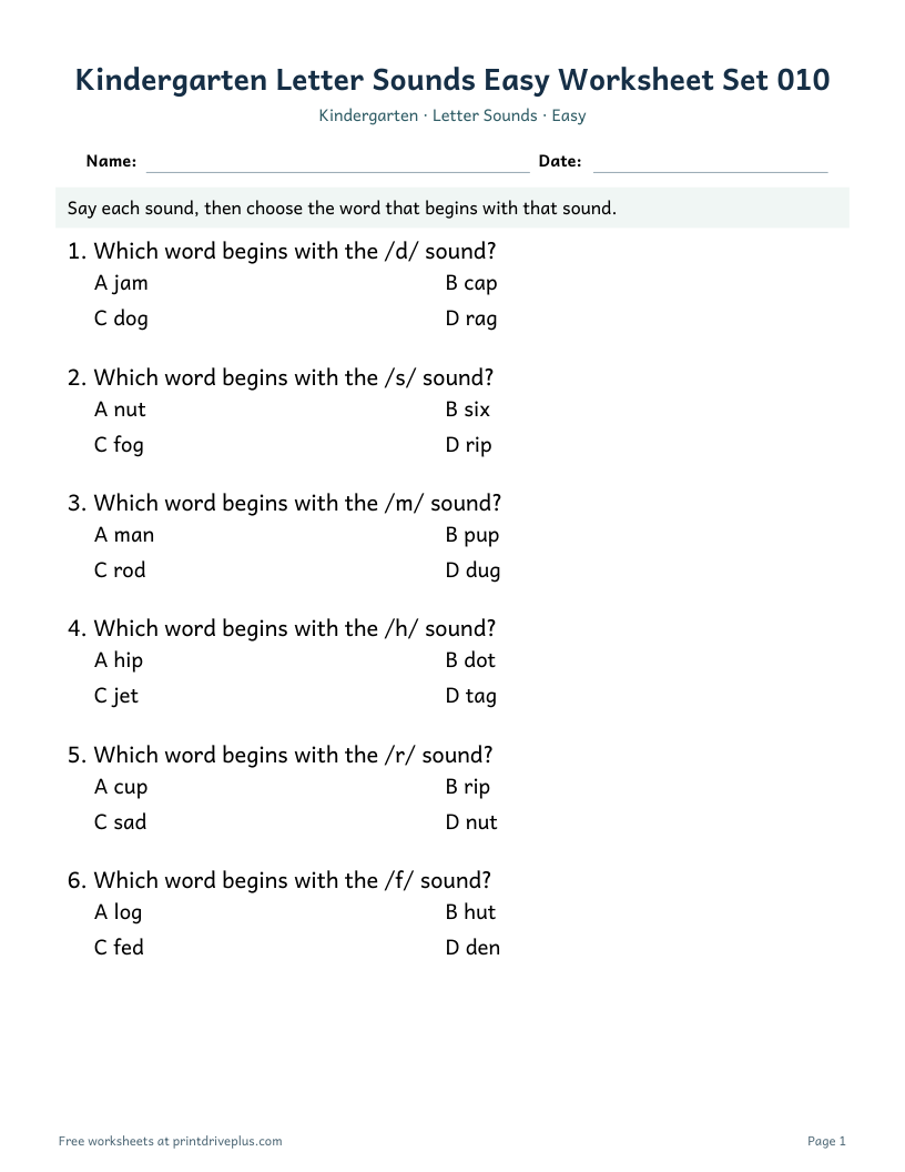 Preview of Kindergarten Letter Sounds Easy Worksheet Set 010