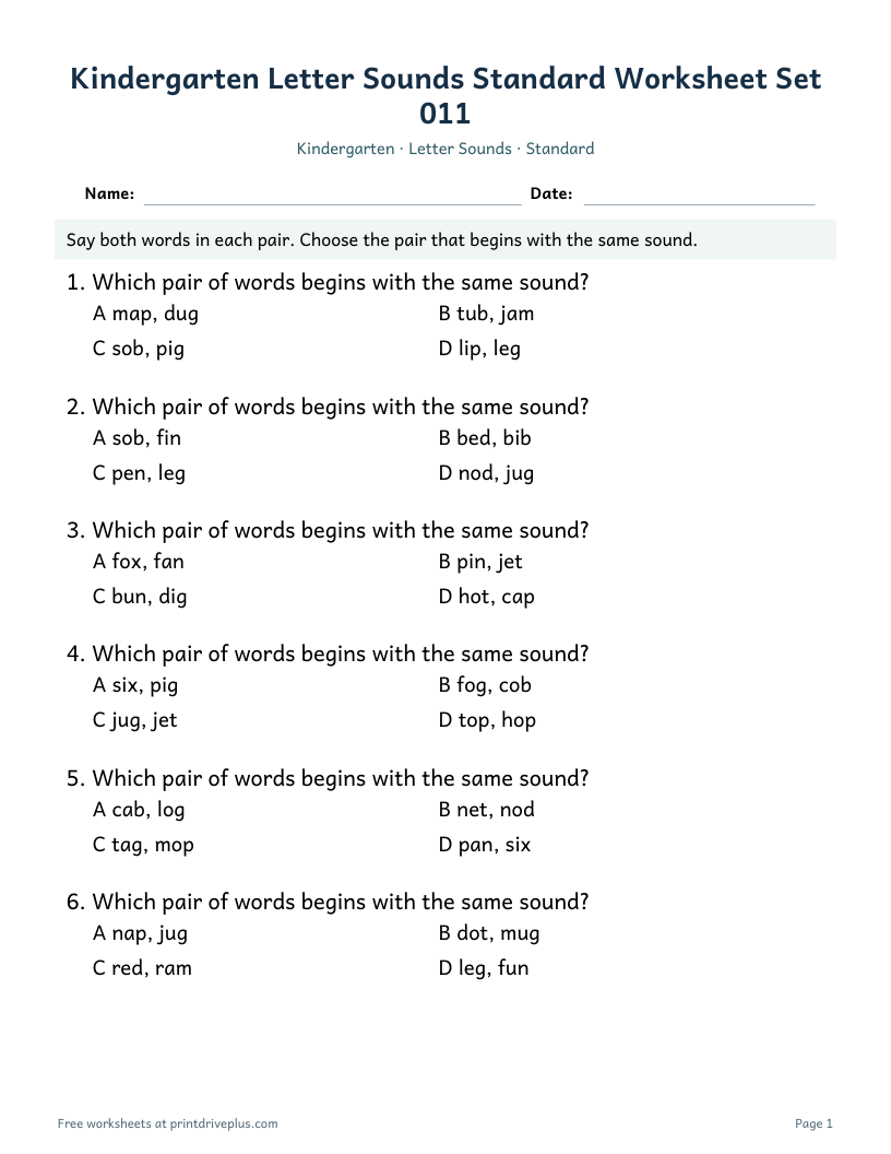 Preview of Kindergarten Letter Sounds Standard Worksheet Set 011