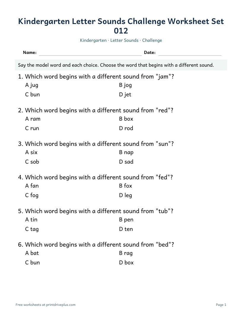 Preview of Kindergarten Letter Sounds Challenge Worksheet Set 012
