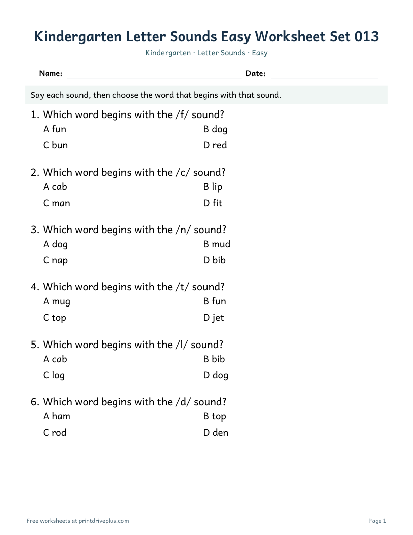 Preview of Kindergarten Letter Sounds Easy Worksheet Set 013