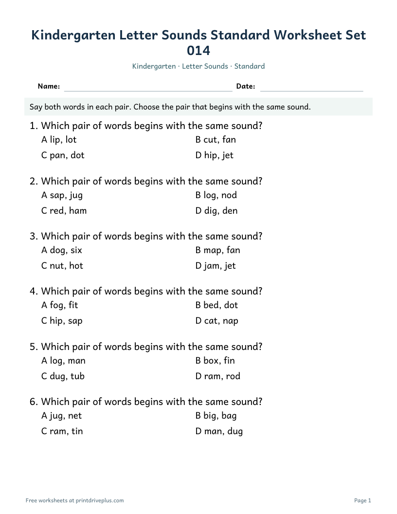 Preview of Kindergarten Letter Sounds Standard Worksheet Set 014