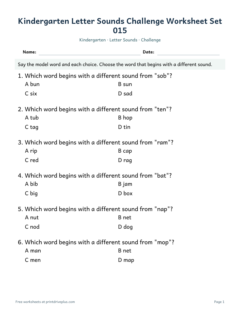 Preview of Kindergarten Letter Sounds Challenge Worksheet Set 015