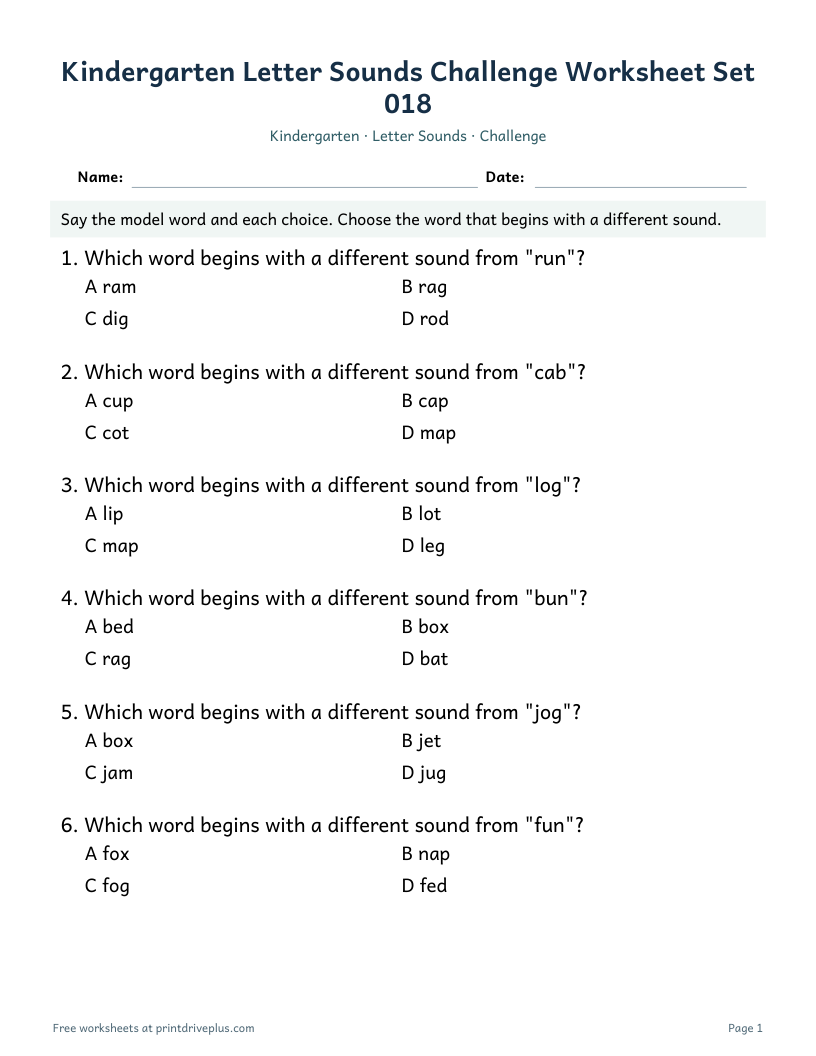 Preview of Kindergarten Letter Sounds Challenge Worksheet Set 018