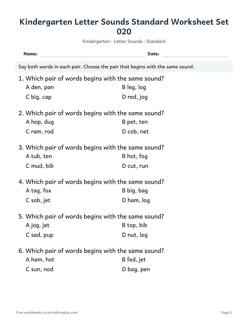 Preview of Kindergarten Letter Sounds Standard Worksheet Set 020