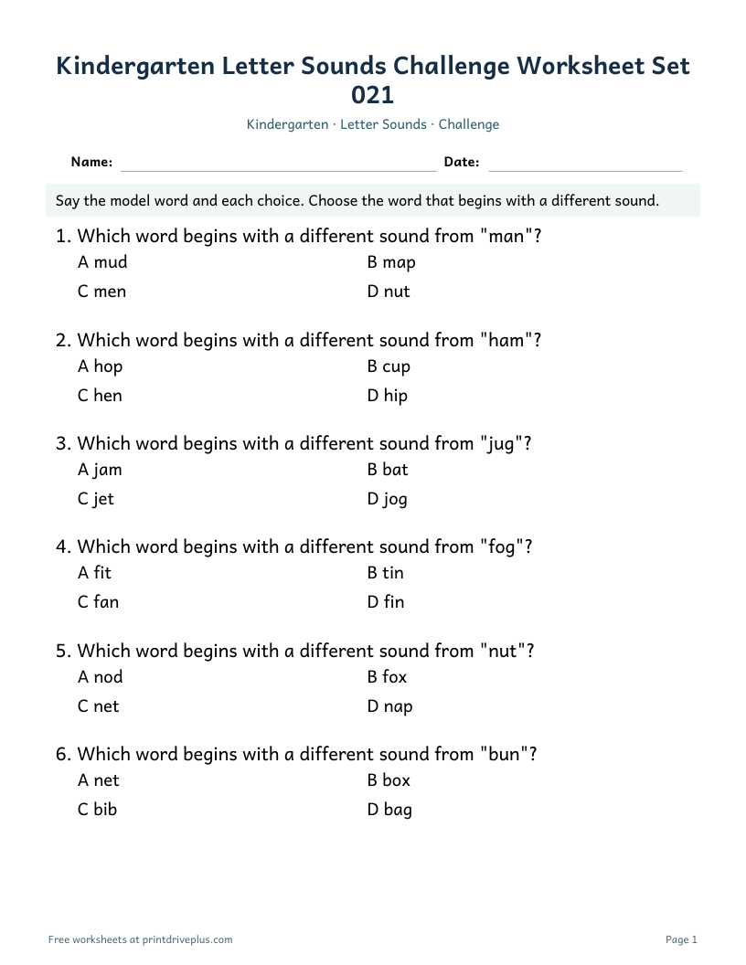 Preview of Kindergarten Letter Sounds Challenge Worksheet Set 021