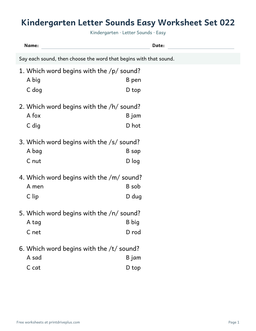 Preview of Kindergarten Letter Sounds Easy Worksheet Set 022