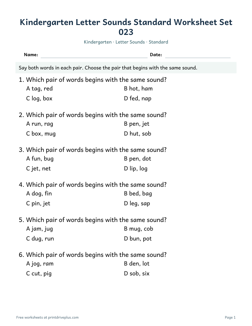 Preview of Kindergarten Letter Sounds Standard Worksheet Set 023