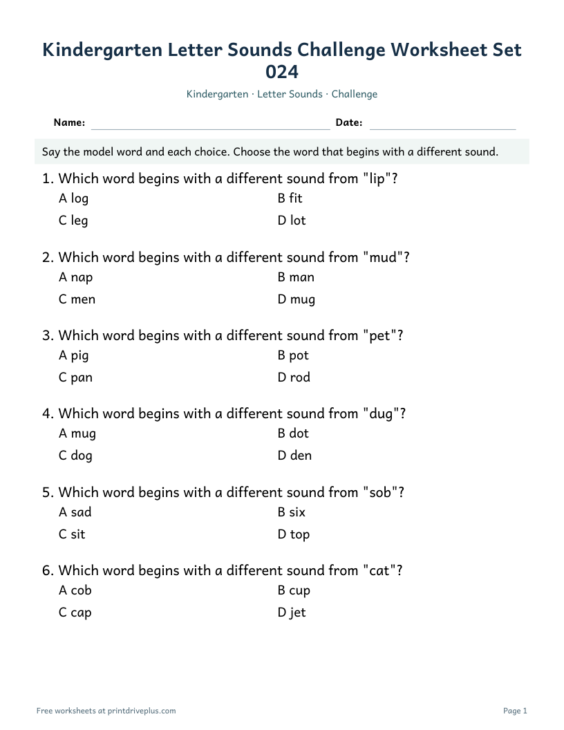 Preview of Kindergarten Letter Sounds Challenge Worksheet Set 024
