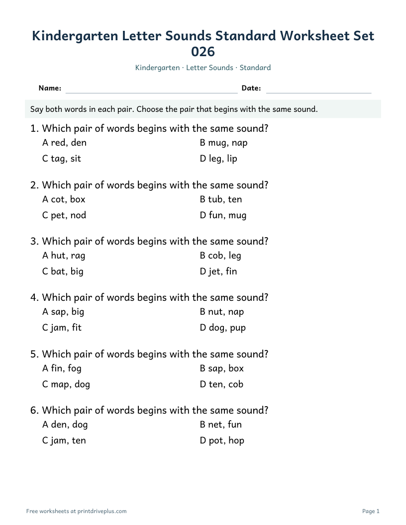 Preview of Kindergarten Letter Sounds Standard Worksheet Set 026