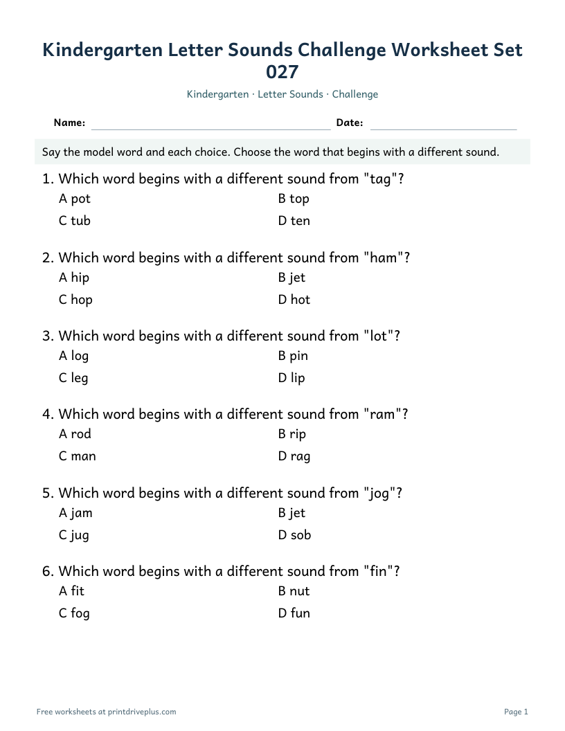Preview of Kindergarten Letter Sounds Challenge Worksheet Set 027